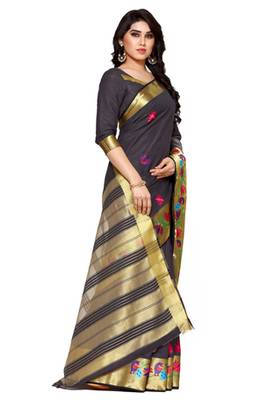 Mimosa Charcoal Tussar Silk Faux Kanjivaram Style Saree With Blouse 3