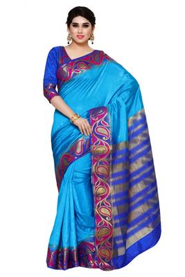 Mimosa Blue Tussar Silk Kanjivaram Style Saree With Blouse 1
