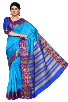 Mimosa Blue Tussar Silk Kanjivaram Style Saree With Blouse 2