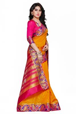 Mimosa Mustard Tussar Silk Kanjivaram Style Saree With Blouse 3