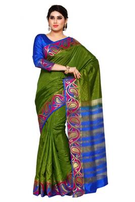 Mimosa Green Tussar Silk Kanjivaram Style Saree With Blouse 1