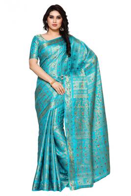 Mimosa Turquoise Blue Art Silk Kanjivaram Style Saree With Blouse 1