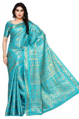 Mimosa Turquoise Blue Art Silk Kanjivaram Style Saree With Blouse 2
