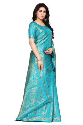 Mimosa Turquoise Blue Art Silk Kanjivaram Style Saree With Blouse 3