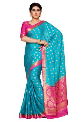 Mimosa Turquoise Blue Art Silk Kanjivaram Style Saree With Blouse 1