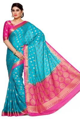 Mimosa Turquoise Blue Art Silk Kanjivaram Style Saree With Blouse 2