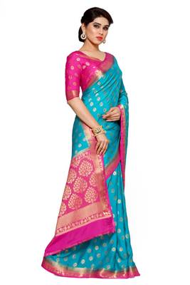 Mimosa Turquoise Blue Art Silk Kanjivaram Style Saree With Blouse 3