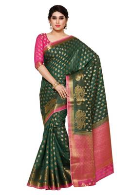 Mimosa Green Art Silk Kanjivaram Style Saree With Blouse 1