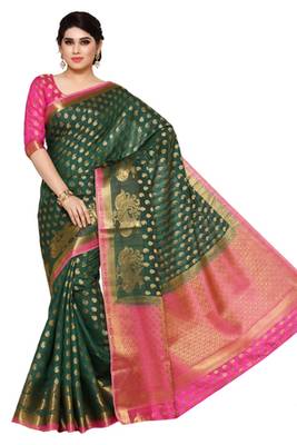 Mimosa Green Art Silk Kanjivaram Style Saree With Blouse 2