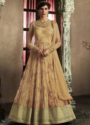 beige embroidered net semi stitched Anarkali Suit 1