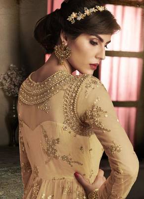 beige embroidered net semi stitched Anarkali Suit 2