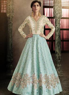 sky blue embroidered silk semi stitched Anarkali Suit 1