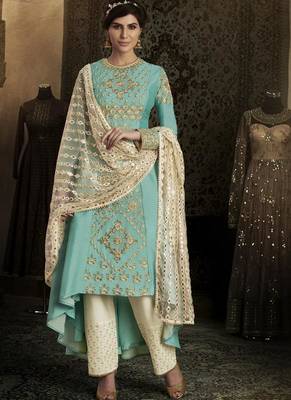 sky blue embroidered silk semi stitched salwar with dupatta 1
