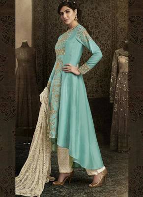 sky blue embroidered silk semi stitched salwar with dupatta 2