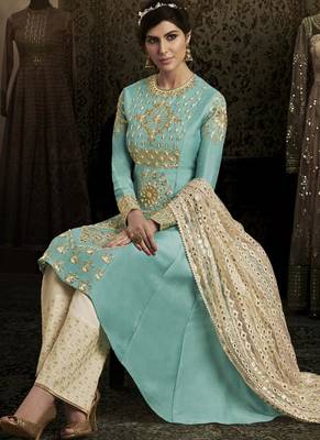 sky blue embroidered silk semi stitched salwar with dupatta 3