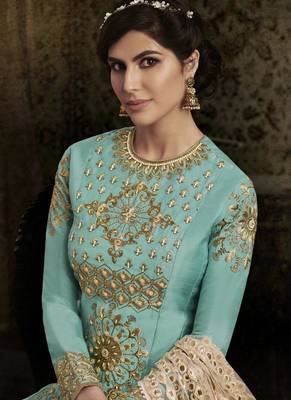 sky blue embroidered silk semi stitched salwar with dupatta 4