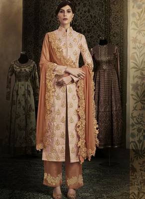 pink embroidered brocade semi stitched salwar with dupatta 1