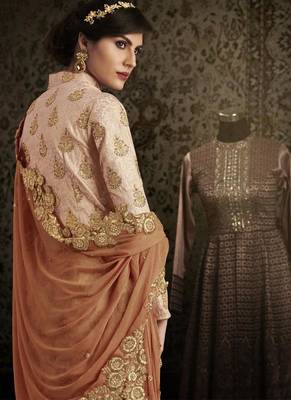 pink embroidered brocade semi stitched salwar with dupatta 2