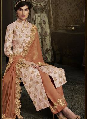 pink embroidered brocade semi stitched salwar with dupatta 3