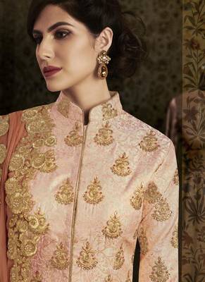 pink embroidered brocade semi stitched salwar with dupatta 4