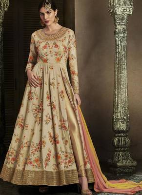 Cream Embroidered Silk Semi Stitched Salwar With Dupatta 1
