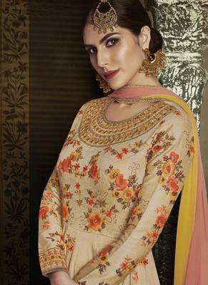 Cream Embroidered Silk Semi Stitched Salwar With Dupatta 3