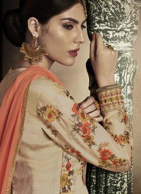Cream Embroidered Silk Semi Stitched Salwar With Dupatta 4