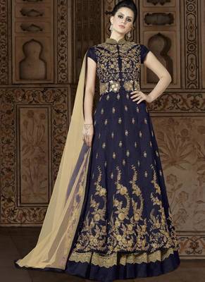 navy blue embroidered silk semi stitched salwar with dupatta 1