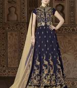 navy blue embroidered silk semi stitched salwar with dupatta