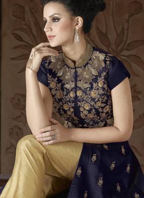 navy blue embroidered silk semi stitched salwar with dupatta 2