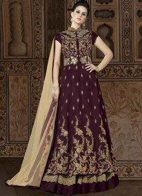Purple Embroidered Silk Semi Stitched Anarkali Suit 1