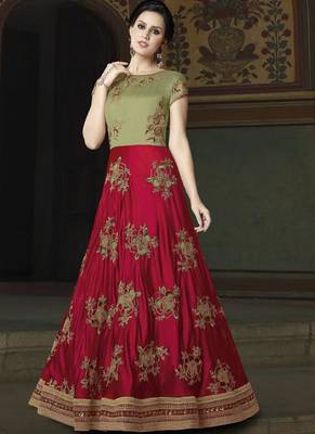 red embroidered silk semi stitched salwar with dupatta 1