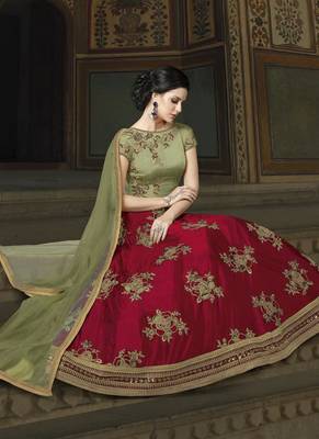 red embroidered silk semi stitched salwar with dupatta 2
