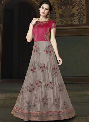 grey embroidered silk semi stitched Anarkali Suit 1