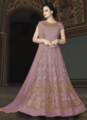 light violet embroidered net semi stitched Anarkali Suit 1