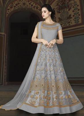 Light Grey Embroidered Net Semi Stitched Salwar With Dupatta 1