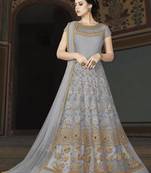 Light Grey Embroidered Net Semi Stitched Salwar With Dupatta