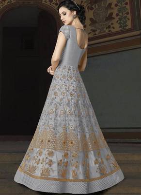 Light Grey Embroidered Net Semi Stitched Salwar With Dupatta 2