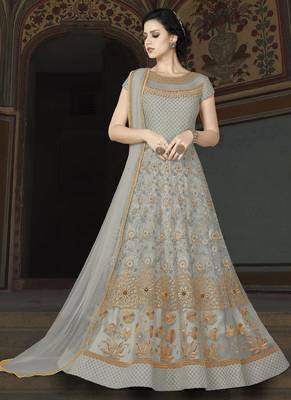 Grey Embroidered Net Semi Stitched Salwar With Dupatta 1