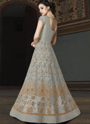 Grey Embroidered Net Semi Stitched Salwar With Dupatta 2