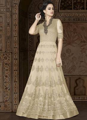 Cream Embroidered Net Semi Stitched Anarkali Suit 1