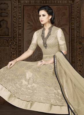 Cream Embroidered Net Semi Stitched Anarkali Suit 2