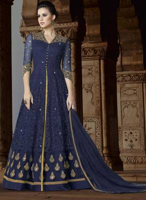 Navy Blue Embroidered Net Semi Stitched Anarkali Suit 1