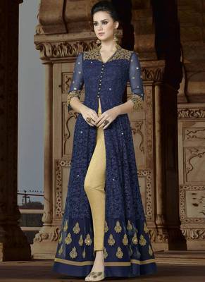 Navy Blue Embroidered Net Semi Stitched Anarkali Suit 2