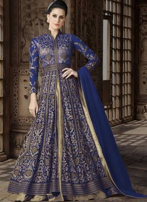 Blue Embroidered Net Semi Stitched Salwar With Dupatta 1
