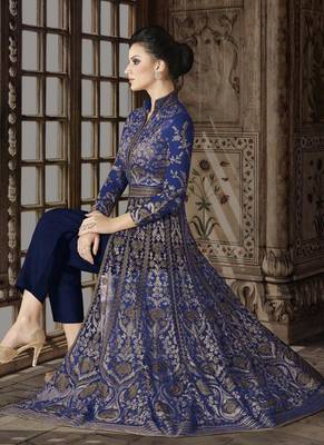 Blue Embroidered Net Semi Stitched Salwar With Dupatta 2