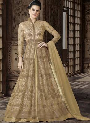 Cream Embroidered Net Semi Stitched Salwar With Dupatta 1