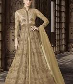 Cream Embroidered Net Semi Stitched Salwar With Dupatta