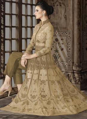 Cream Embroidered Net Semi Stitched Salwar With Dupatta 2