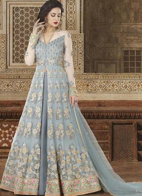 Sky Blue Embroidered Net Semi Stitched Salwar With Dupatta 1